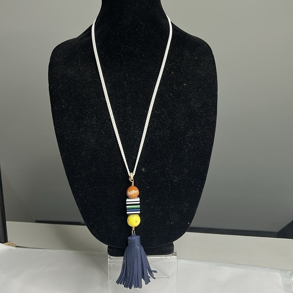 Juicy Couture 20.5” White Chain Navy Leather Tassel Lucite Wood Crystal Necklace